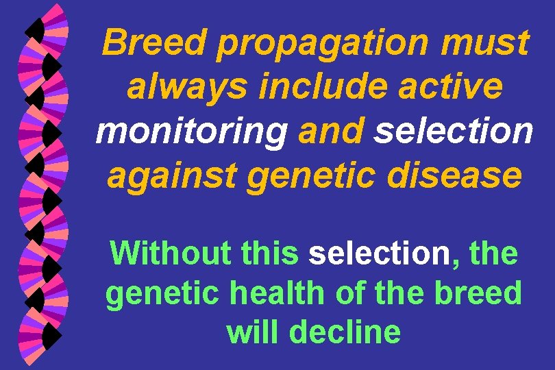 Breed propagation must always include active monitoring and selection against genetic disease Without this