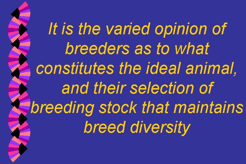 It is the varied opinion of breeders as to what constitutes the ideal animal,