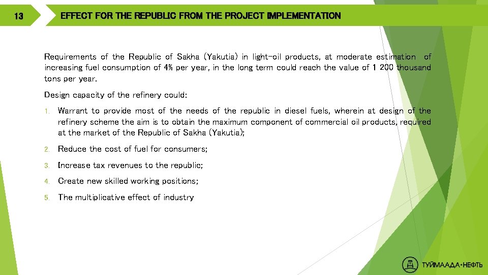EFFECT FOR THE REPUBLIC FROM THE PROJECT IMPLEMENTATION 13 Requirements of the Republic of