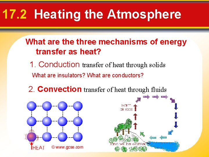 17. 2 Heating the Atmosphere What are three mechanisms of energy transfer as heat?