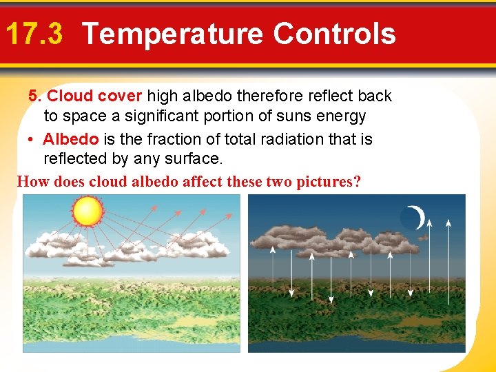 17. 3 Temperature Controls 5. Cloud cover high albedo therefore reflect back to space 17. 3 Temperature Controls 5. Cloud cover high albedo therefore reflect back to space