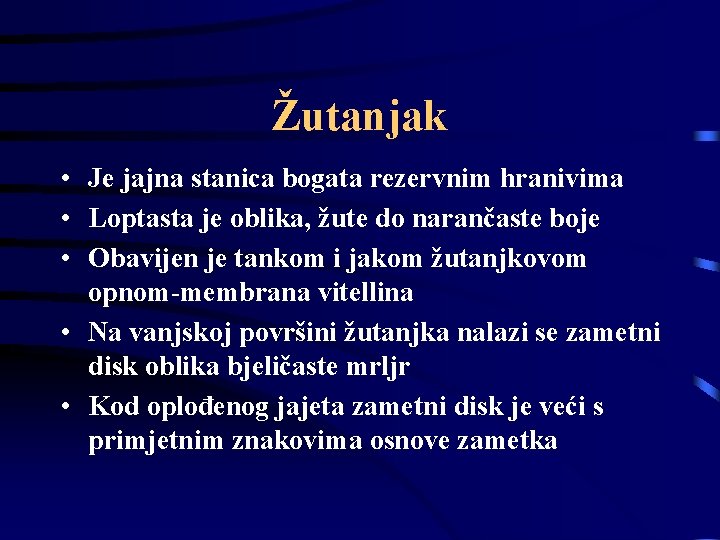 Žutanjak • Je jajna stanica bogata rezervnim hranivima • Loptasta je oblika, žute do