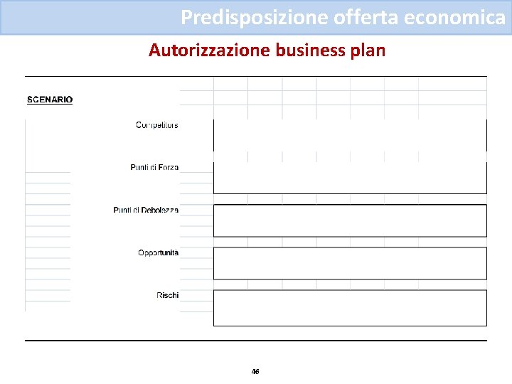 Predisposizione offerta economica Autorizzazione business plan 46 