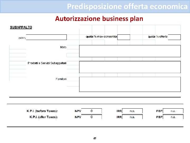 Predisposizione offerta economica Autorizzazione business plan 47 