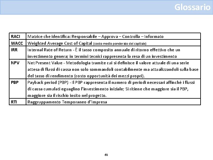 Glossario RACI Matrice che identifica: Responsabile – Approva – Controlla – Informato WACC Weighted