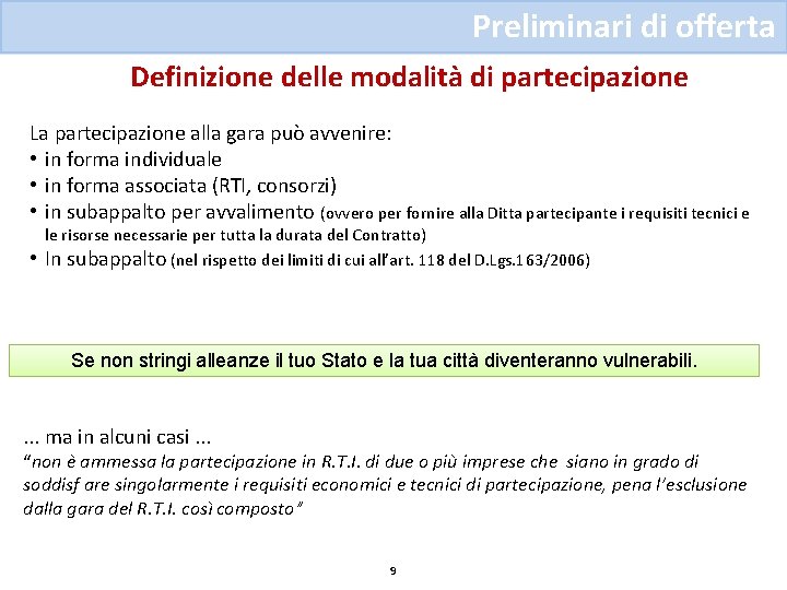 Preliminari di offerta Definizione delle modalità di partecipazione La partecipazione alla gara può avvenire: