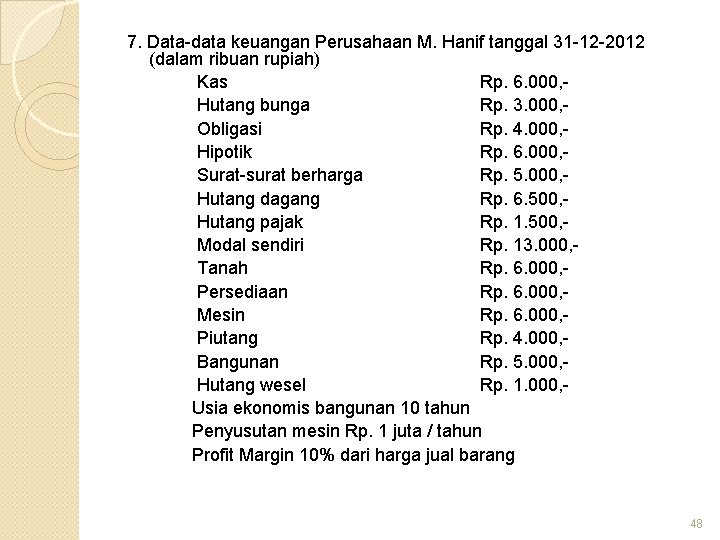 7. Data-data keuangan Perusahaan M. Hanif tanggal 31 -12 -2012 (dalam ribuan rupiah) Kas