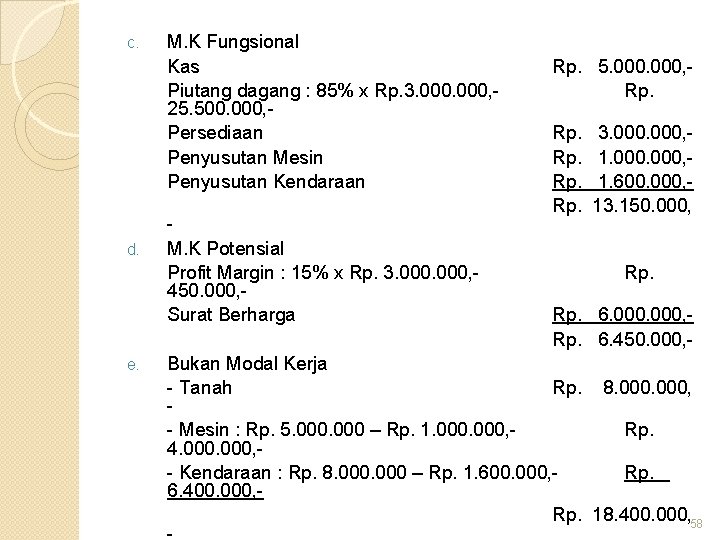 c. d. e. M. K Fungsional Kas Piutang dagang : 85% x Rp. 3.