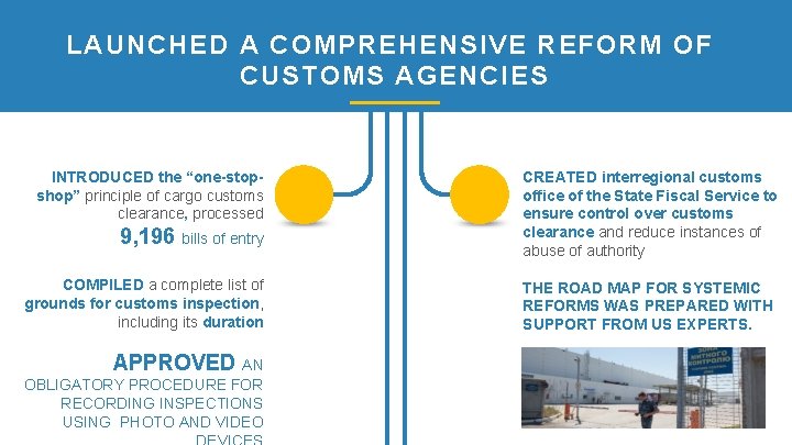LAUNCHED A COMPREHENSIVE REFORM OF CUSTOMS AGENCIES INTRODUCED the “one-stopshop” principle of cargo customs