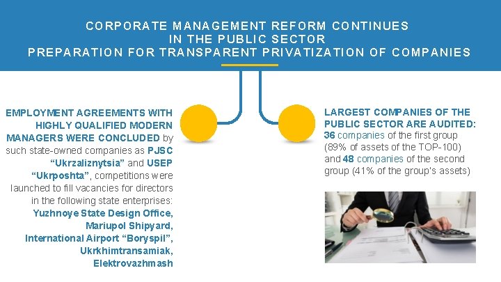 CORPORATE MANAGEMENT REFORM CONTINUES IN THE PUBLIC SECTOR PREPARATION FOR TRANSPARENT PRIVATIZATION OF COMPANIES