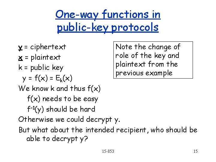 One-way functions in public-key protocols y = ciphertext Note the change of role of