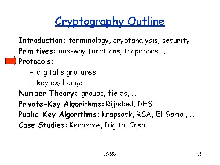 Cryptography Outline Introduction: terminology, cryptanalysis, security Primitives: one-way functions, trapdoors, … Protocols: – digital