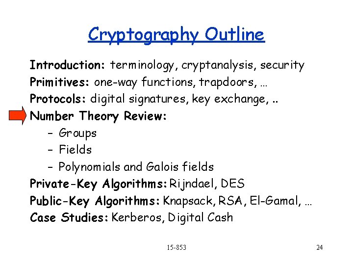 Cryptography Outline Introduction: terminology, cryptanalysis, security Primitives: one-way functions, trapdoors, … Protocols: digital signatures,