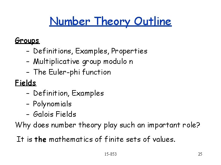 Number Theory Outline Groups – Definitions, Examples, Properties – Multiplicative group modulo n –