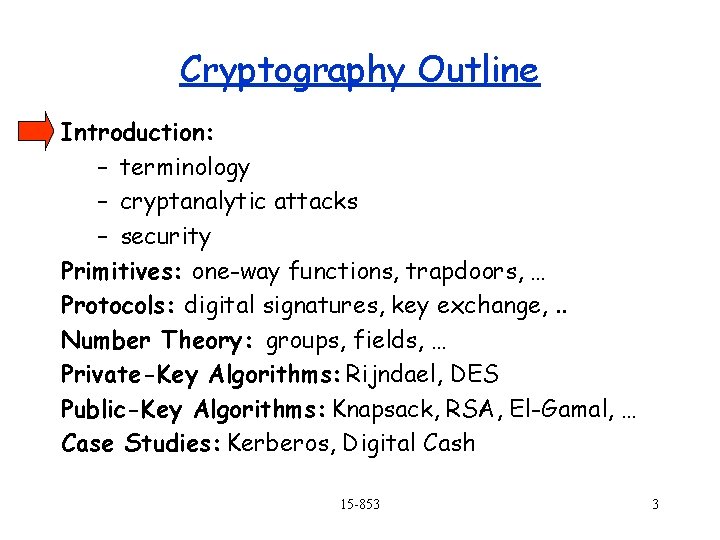 Cryptography Outline Introduction: – terminology – cryptanalytic attacks – security Primitives: one-way functions, trapdoors,