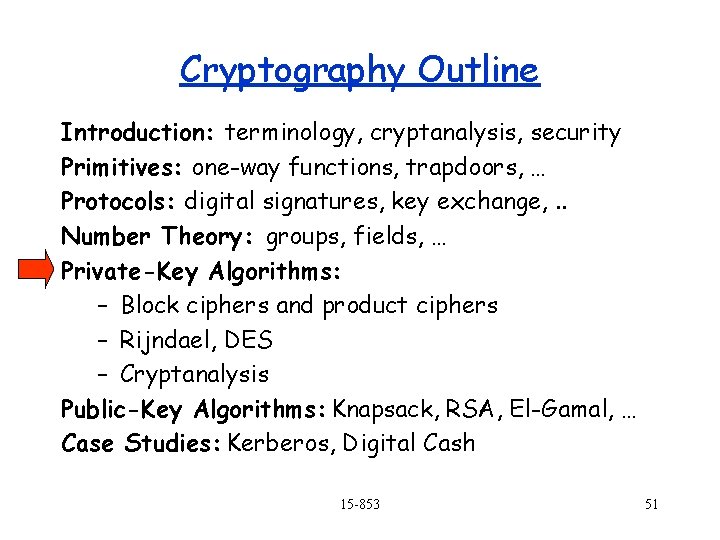 Cryptography Outline Introduction: terminology, cryptanalysis, security Primitives: one-way functions, trapdoors, … Protocols: digital signatures,