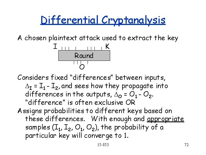 Differential Cryptanalysis A chosen plaintext attack used to extract the key I K Round