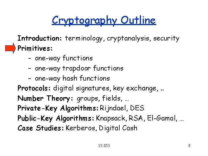 Cryptography Outline Introduction: terminology, cryptanalysis, security Primitives: – one-way functions – one-way trapdoor functions