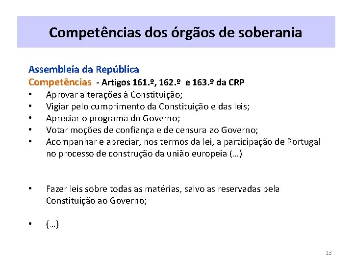 Competências dos órgãos de soberania Assembleia da República Competências - Artigos 161. º, 162.