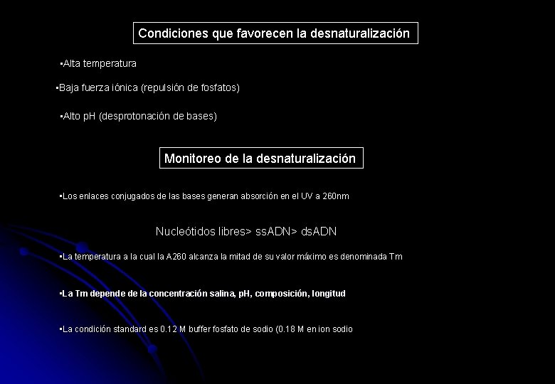 Condiciones que favorecen la desnaturalización • Alta temperatura • Baja fuerza iónica (repulsión de