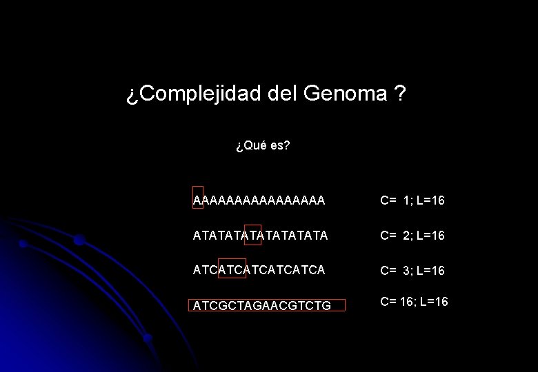 ¿Complejidad del Genoma ? ¿Qué es? AAAAAAAA C= 1; L=16 ATATATATA C= 2; L=16