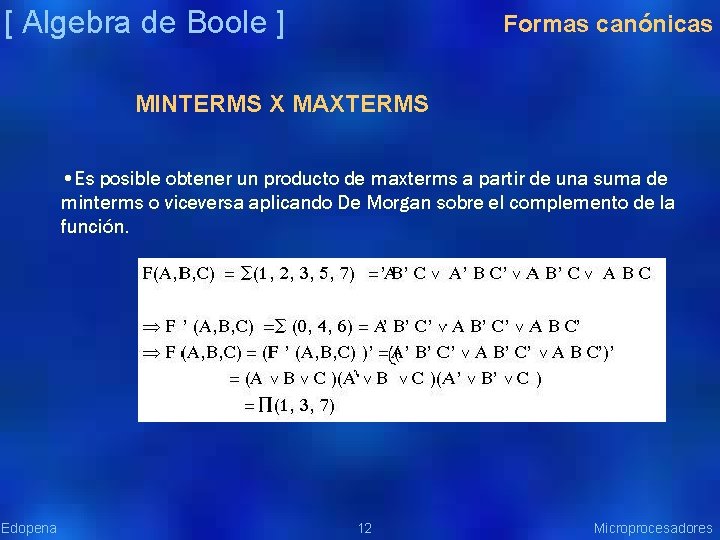 [ Algebra de Boole ] Formas canónicas MINTERMS X MAXTERMS • Es posible obtener