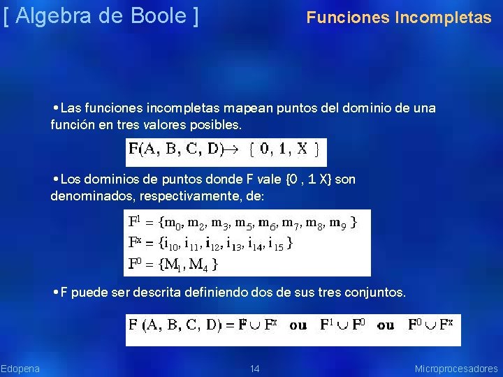 [ Algebra de Boole ] Funciones Incompletas • Las funciones incompletas mapean puntos del