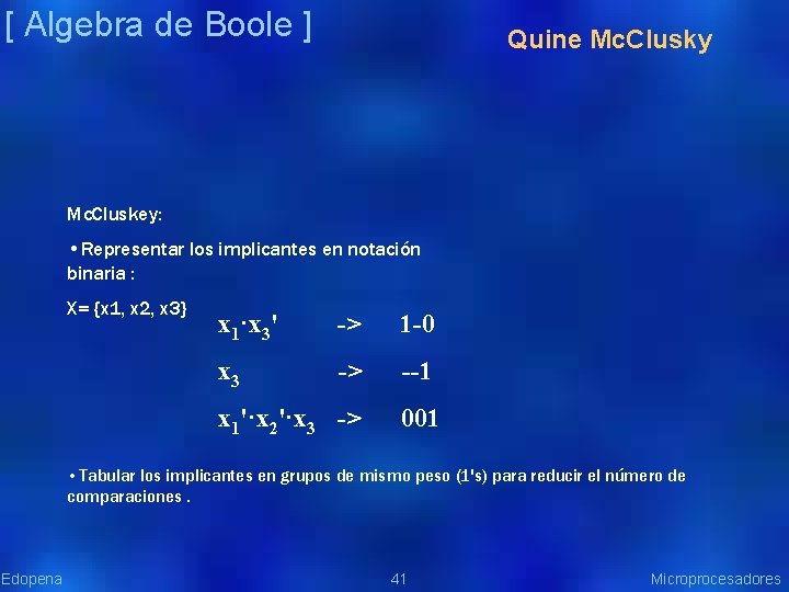 [ Algebra de Boole ] Quine Mc. Clusky Mc. Cluskey: • Representar los implicantes