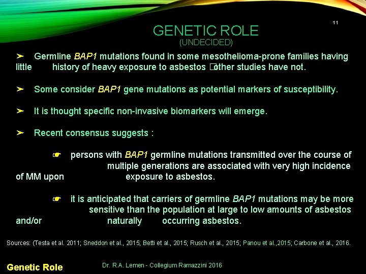 GENETIC ROLE 11 (UNDECIDED) ➤ Germline BAP 1 mutations found in some mesothelioma-prone families