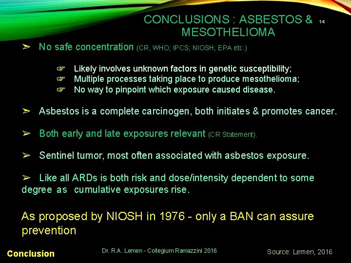 CONCLUSIONS : ASBESTOS & MESOTHELIOMA 14 ➣ No safe concentration (CR, WHO; IPCS; NIOSH;