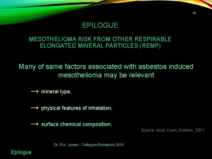 15 EPILOGUE MESOTHELIOMA RISK FROM OTHER RESPIRABLE ELONGATED MINERAL PARTICLES (REMP) Many of same