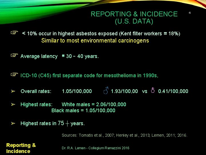 REPORTING & INCIDENCE (U. S. DATA) ☞ < 10% occur in highest asbestos exposed