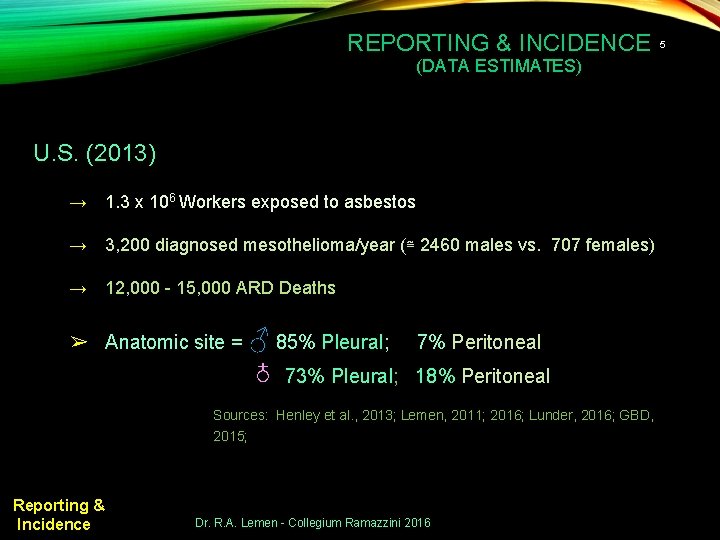 REPORTING & INCIDENCE (DATA ESTIMATES) U. S. (2013) → 1. 3 x 106 Workers