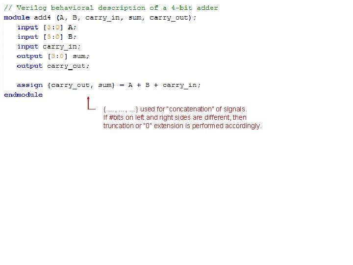 { …, …, …} used for “concatenation” of signals. If #bits on left and