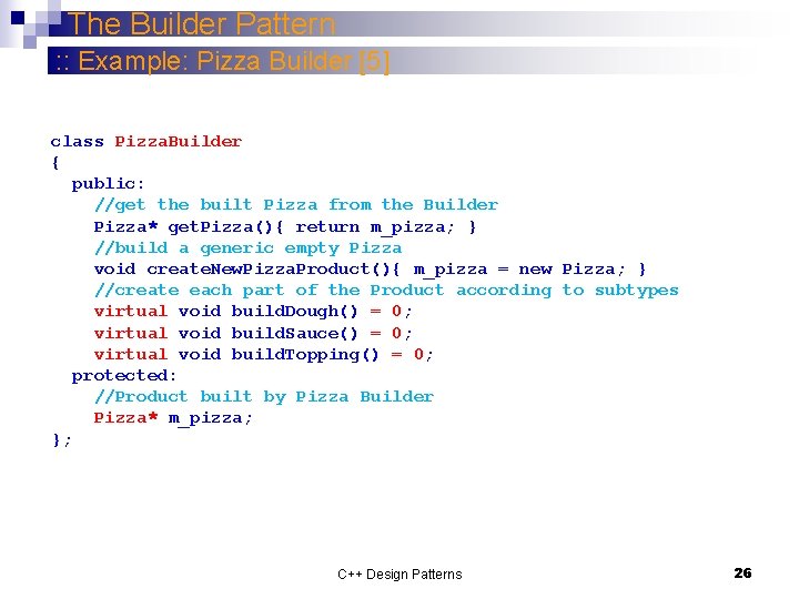 The Builder Pattern : : Example: Pizza Builder [5] class Pizza. Builder { public: