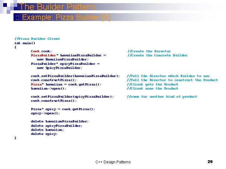 The Builder Pattern : : Example: Pizza Builder [5] //Pizza Builder Client int main()