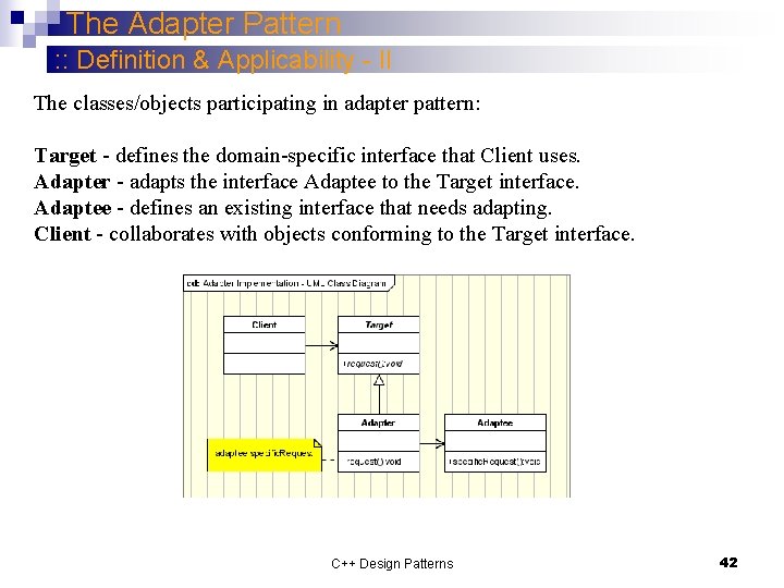 The Adapter Pattern : : Definition & Applicability - II The classes/objects participating in