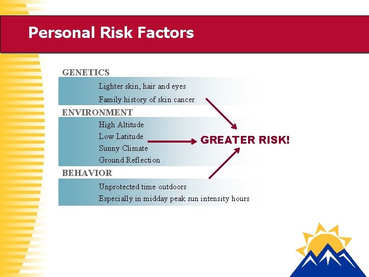 Personal Risk Factors GENETICS Lighter skin, hair and eyes Family history of skin cancer