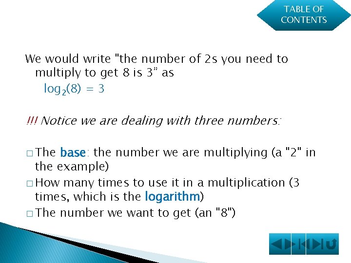 TABLE OF CONTENTS We would write "the number of 2 s you need to