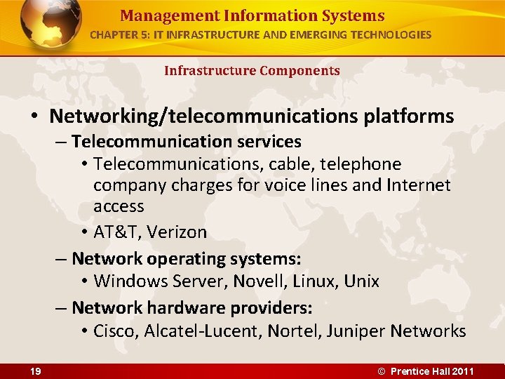 Management Information Systems CHAPTER 5: IT INFRASTRUCTURE AND EMERGING TECHNOLOGIES Infrastructure Components • Networking/telecommunications Management Information Systems CHAPTER 5: IT INFRASTRUCTURE AND EMERGING TECHNOLOGIES Infrastructure Components • Networking/telecommunications