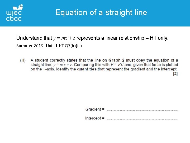 Equation of a straight line Understand that y = mx + c represents a