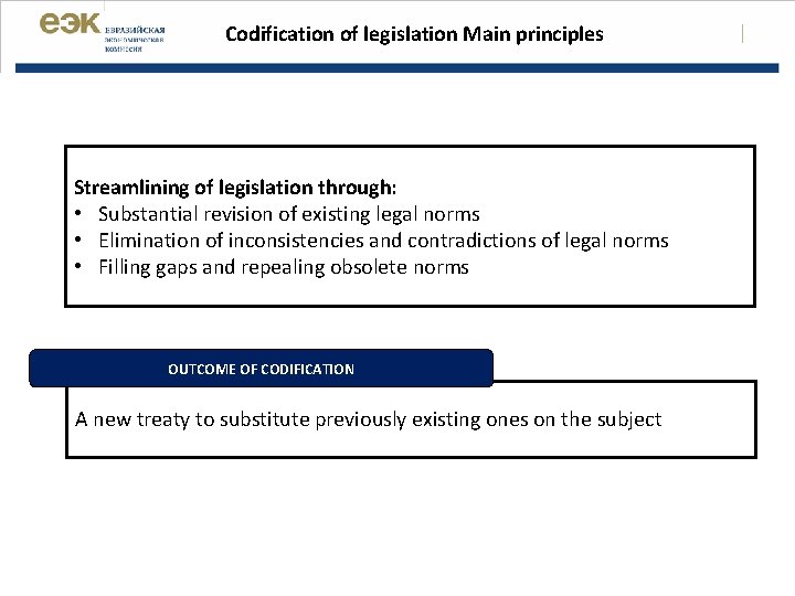 Codification of legislation Main principles Streamlining of legislation through: • Substantial revision of existing