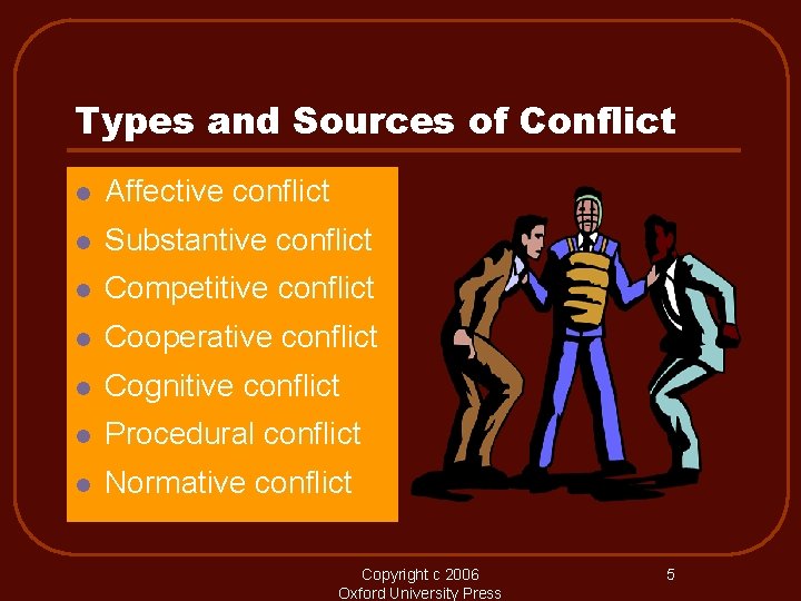 Types and Sources of Conflict l Affective conflict l Substantive conflict l Competitive conflict