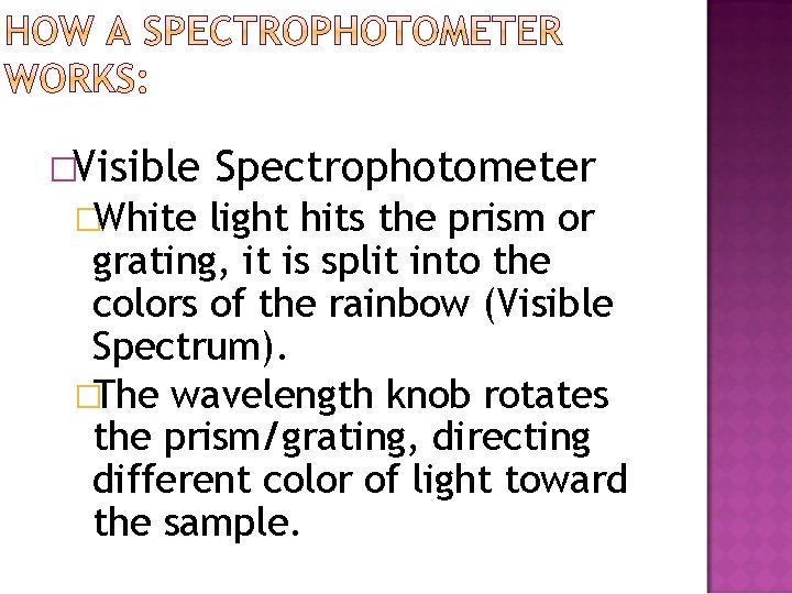 �Visible �White Spectrophotometer light hits the prism or grating, it is split into the