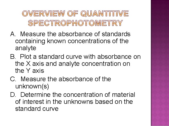 A. Measure the absorbance of standards containing known concentrations of the analyte B. Plot A. Measure the absorbance of standards containing known concentrations of the analyte B. Plot