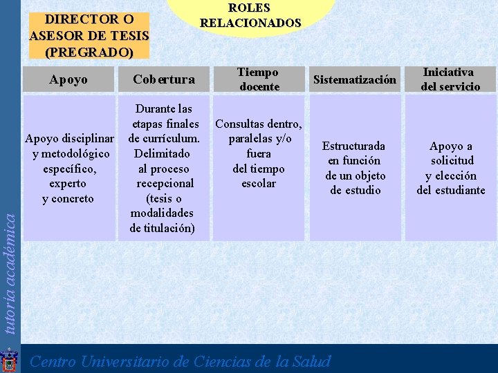 tutoría académica DIRECTOR O ASESOR DE TESIS (PREGRADO) Apoyo Cobertura ROLES RELACIONADOS Tiempo docente