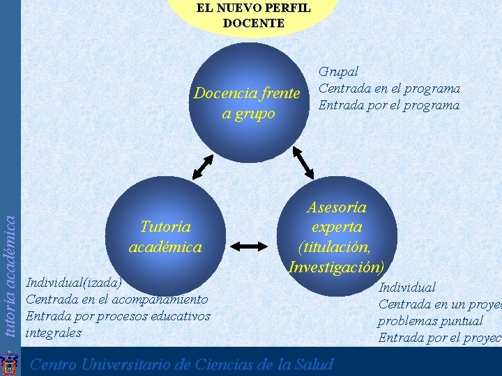 tutoría académica EL NUEVO PERFIL DOCENTE Docencia frente a grupo Tutoría académica Individual(izada) Centrada