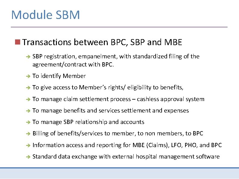 Module SBM Transactions between BPC, SBP and MBE SBP registration, empanelment, with standardized filing