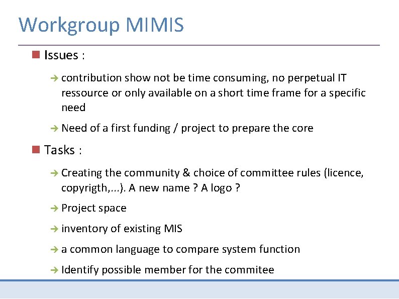 Workgroup MIMIS Issues : contribution show not be time consuming, no perpetual IT ressource