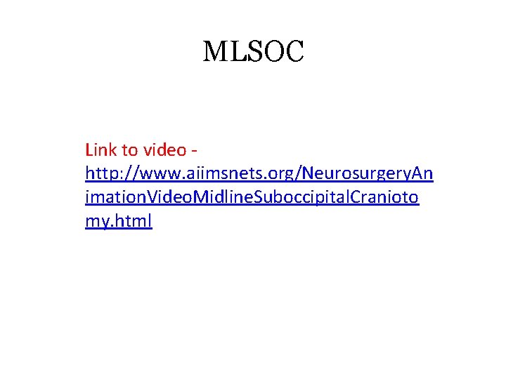 MLSOC Link to video - http: //www. aiimsnets. org/Neurosurgery. An imation. Video. Midline. Suboccipital.